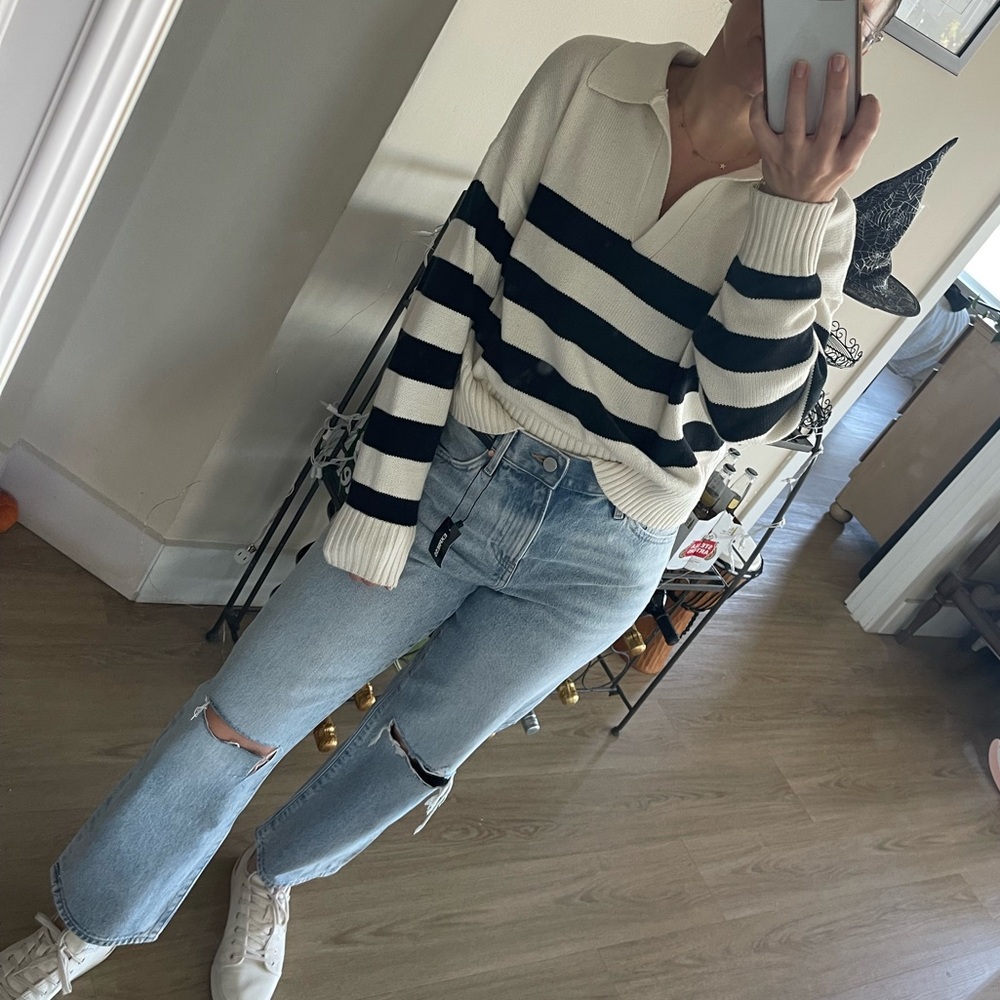 Sophie Rue Cropped Collared Cream and Black Stripped Sweater - Picture 6 of 6
